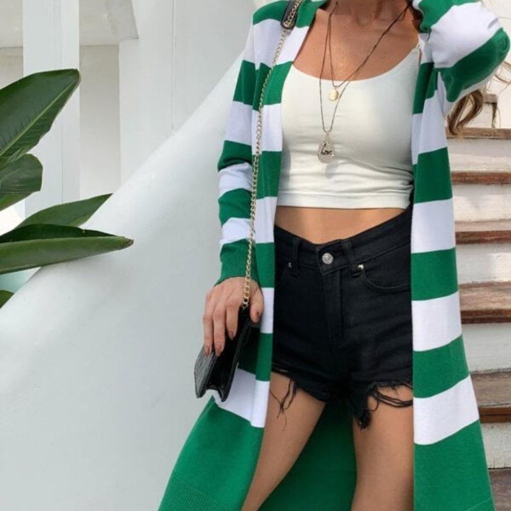 Casual Colorblock stripes open front long Cardigan GREEN - Picture 2 of 5